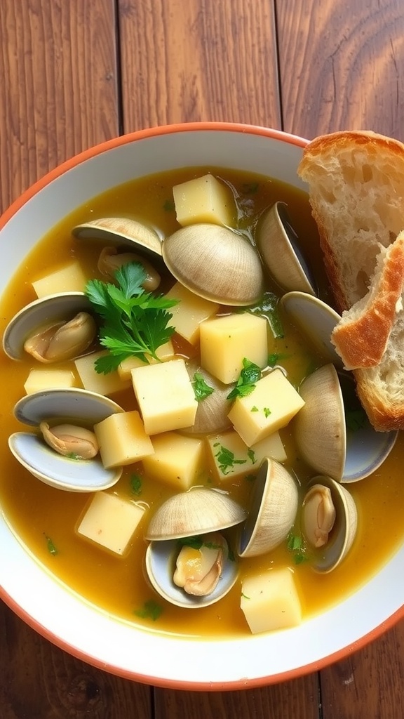 A comforting clam zuppa with clams and potatoes in creamy broth, garnished with parsley, next to crusty bread.